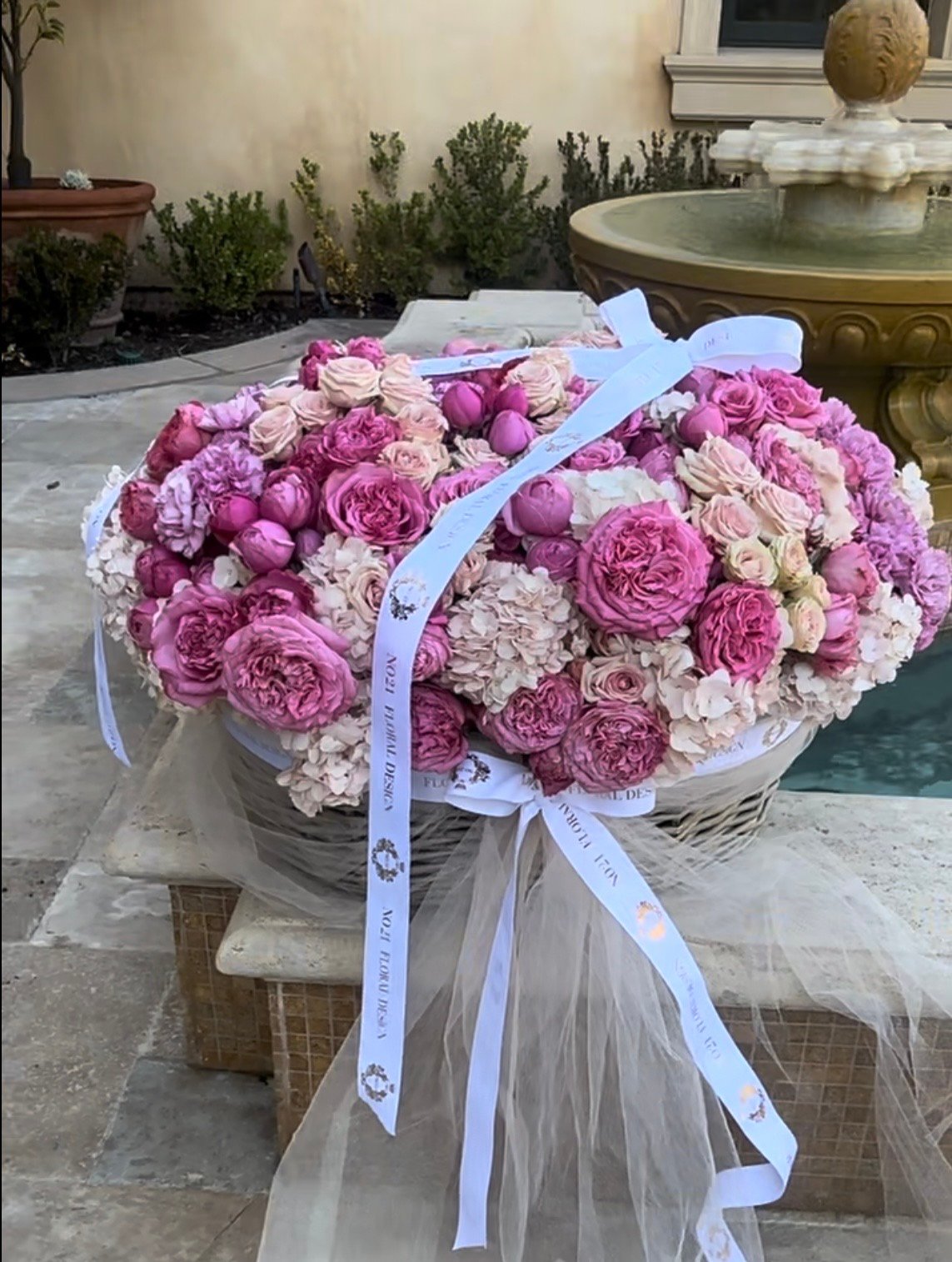 Pink Basket Of Hydrangeas